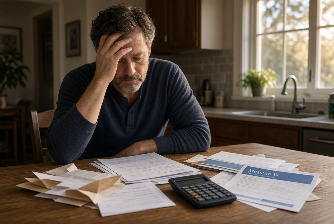A homeowner at the kitchen table looking over a stack of local tax bills and a Measure W notice.